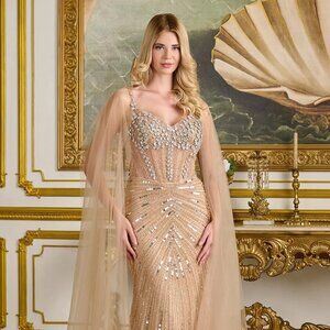 New Champagne Pageant Sheath Gown w/ Cape Sleeves & Dazzling Beadwork GL3665